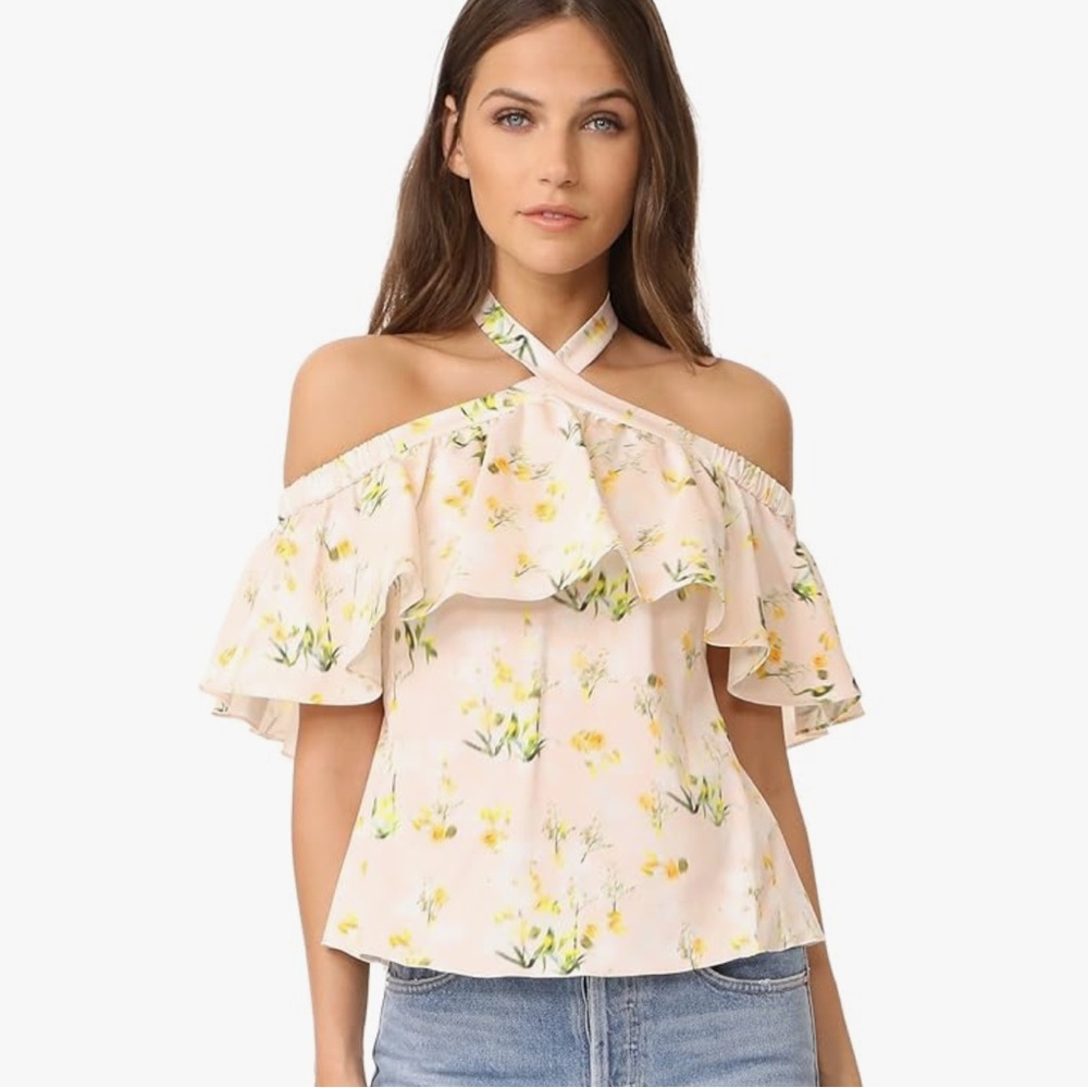 Rebecca Taylor Pale Pink Off-Shoulder Floral Ruffle Top